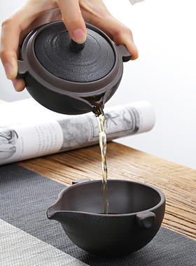 功夫茶具套组黑陶旅行套装一壶三杯个性茶道便携式茶具车载鱼型嘴