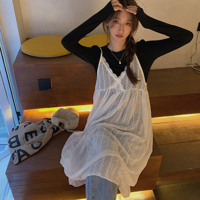 设计感小众叠穿白色中长款罩衫蕾丝网纱内搭O吊带背心连衣裙女夏