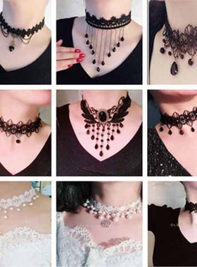 蕾丝项链短款女黑色四叶装饰品衣服挂件配饰圈围脖子领结链挂夏季