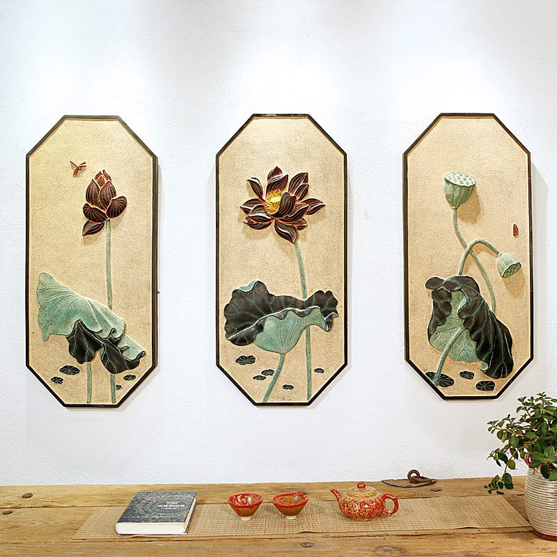 现代沙发背景墙框装饰画壁饰立体浮雕彩绘荷挂件
