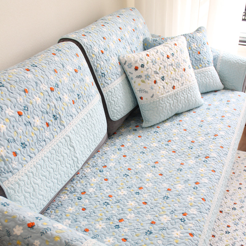 幸福里蓝色田园小新现代全棉布艺四季通用防滑沙发垫子巾