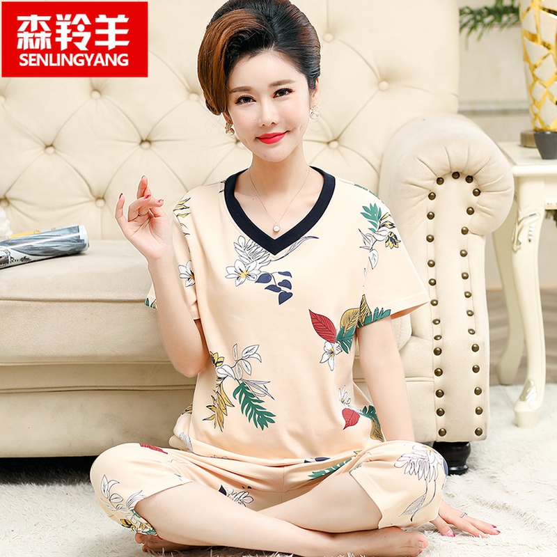 夏季中老年人睡衣女纯棉妈妈薄款短袖七分裤加大码家居服两件套装