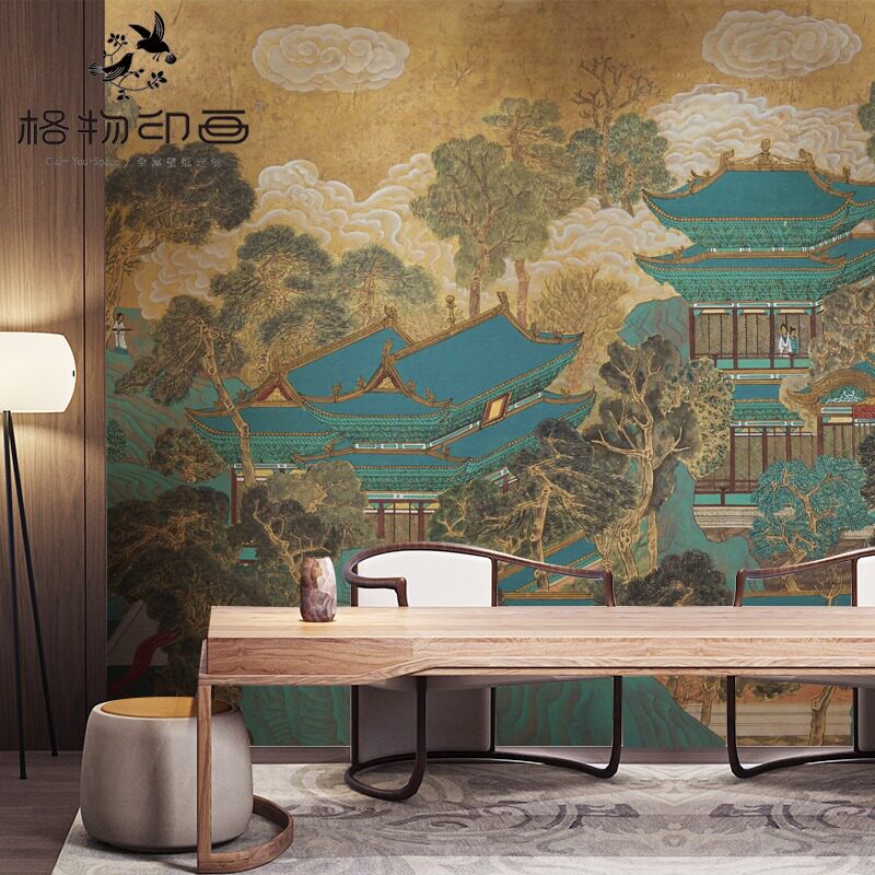 现代古典山水阁楼电视沙发背景墙纸壁布客厅茶室防潮定制壁画
