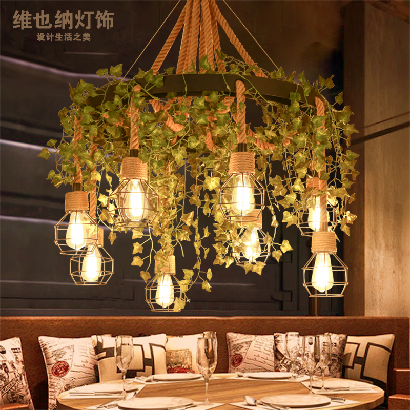 工业风吊灯创意个性音乐餐厅灯复古美发烧烤店绿植物装饰麻绳灯具