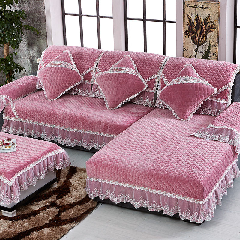 蕾丝沙发垫防滑冬天季加厚短毛绒珊瑚绒皮沙发罩巾坐垫布艺全包