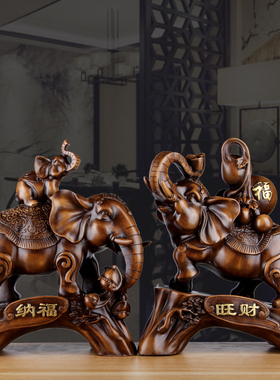 大象摆件一对招财树脂工艺品仿实木E客厅家居酒柜博古架装饰品中