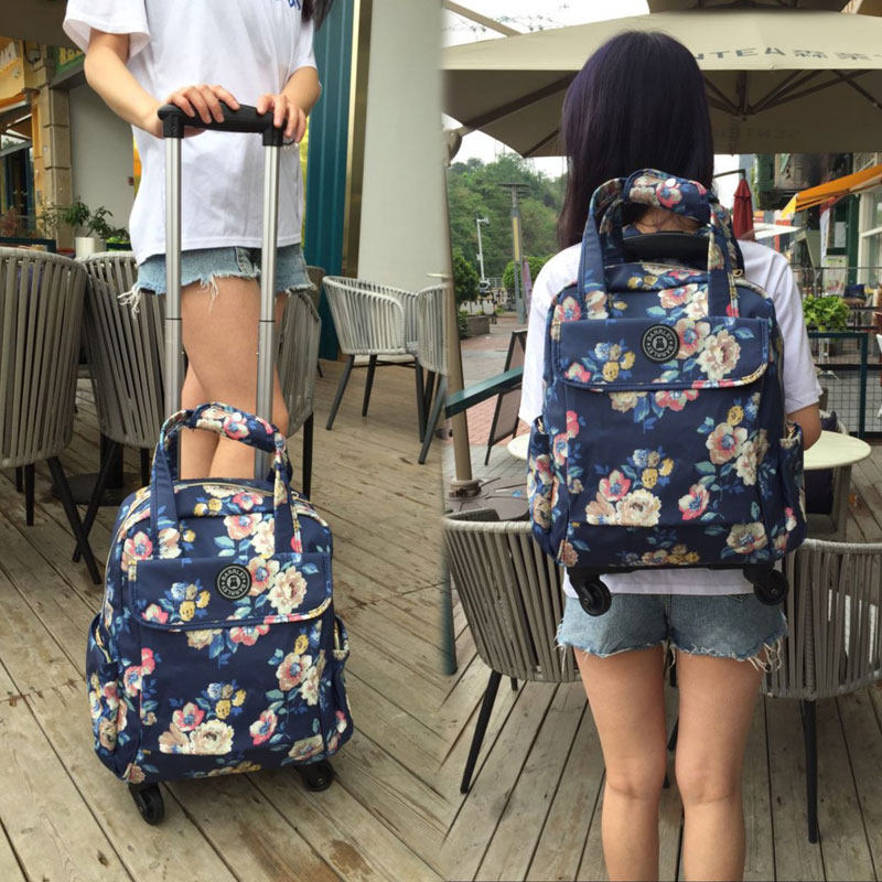 新品防水印e花手提万向轮旅行袋双肩拉杆背包女小轻便短途迷你14