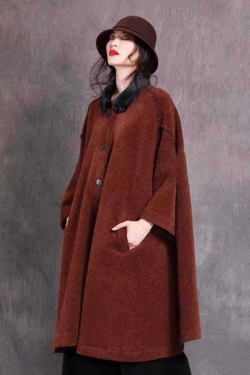 19冬季新款女装时尚加厚小翻领大衣单排扣风衣女宽松大码气质外套
