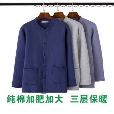 秋冬新款老头开衫中老年人纯棉加肥大码男士三层保暖内衣家居服