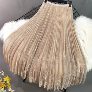 颜色太美太温柔 豹纹暗花亮丝混纺网纱百褶裙半身裙中长款女春夏