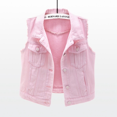 牛仔马甲女短款百搭破洞夹克修身显瘦须边无袖开衫坎肩粉色上衣潮