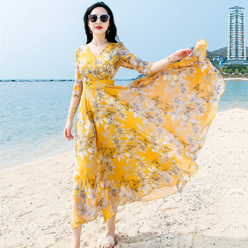 2021新款气质V领l雪纺连衣裙女夏超长款大摆黄色碎花长裙显瘦显高