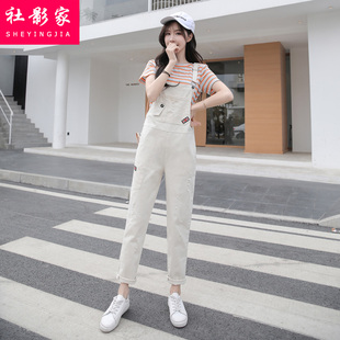 青少年2021春夏装新款时尚牛仔背带裤女初中高中学生弹力修身裤子