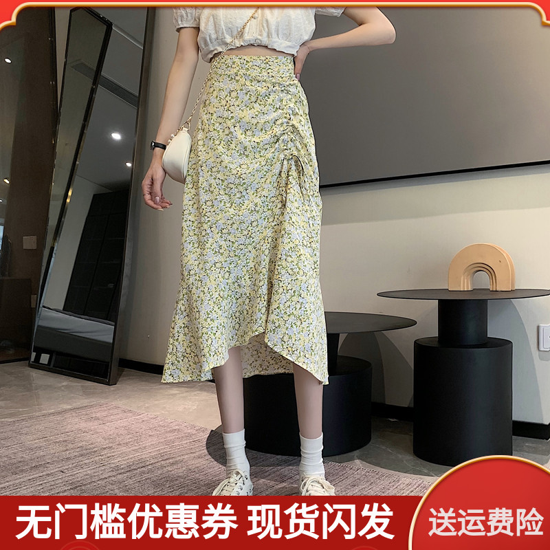 碎花半身裙高腰雪纺抽绳半身裙大码女不规则中长裙鱼尾裙a字裙夏