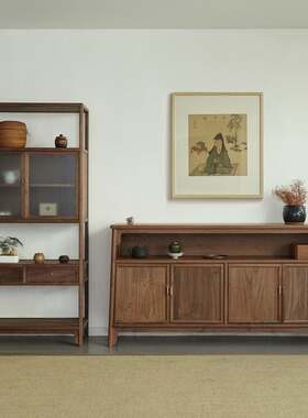 璞木禅意新中式黑胡桃木餐边柜储物柜边L柜古典实木卧室客厅家具