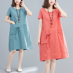 新款 亚麻短袖 韩版 棉麻连衣裙胖mm宽松中长款 女裙子 大码 2020夏季