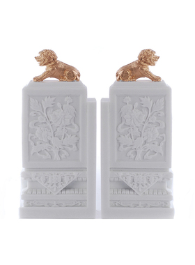 新中式样板间玄关手工雕刻对狮书档书靠家居装饰书房书架桌面摆件