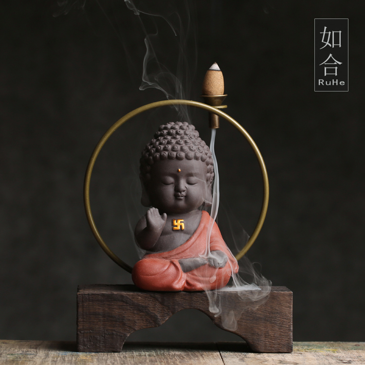 如合 禅意倒流香香炉香座u檀香闻香木座摆设茶宠茶玩弥勒佛孙悟空
