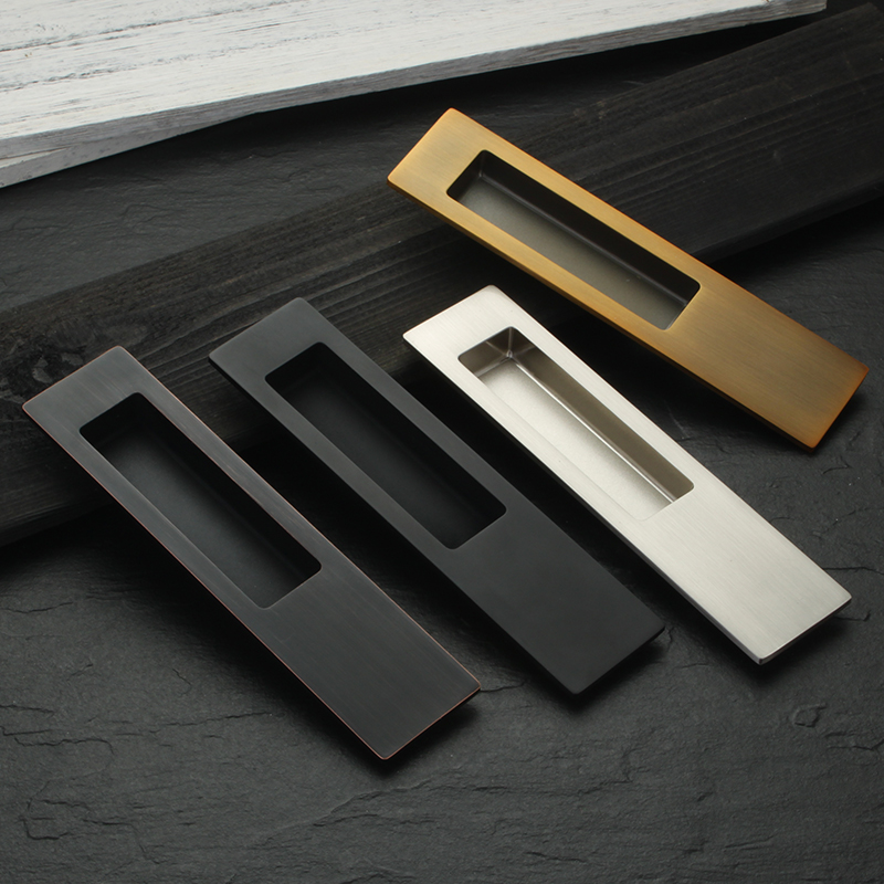 美式暗拉手推拉移门对装内嵌把手黑色方形嵌入式折叠门隐形暗扣手