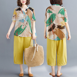 大码胖妹妹遮肚显瘦套装女夏2020新款时尚烫钻R衬衫+阔腿裤两件套