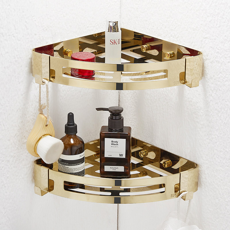 浴室置物架金f色免打孔洗手卫生间淋浴房洗澡冲凉不锈钢壁挂三角