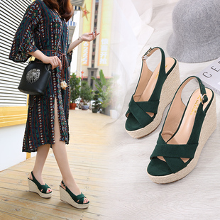 女鞋2019新i款夏坡跟凉鞋韩版百搭高跟厚底草编网红女款潮鞋大小