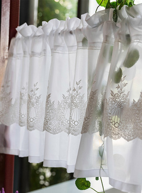 小窗帘短窗免打孔半截帘蕾丝纱帘隔断帘白M色刺绣半帘厨房装饰短