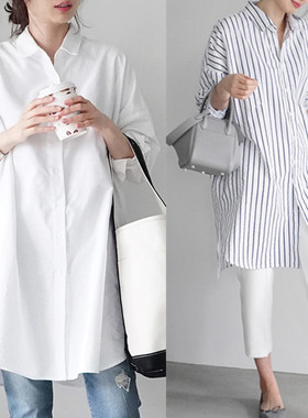 白色衬衫女韩国东大门春秋款u宽松bf风大版棉中长款大码长袖衬衣
