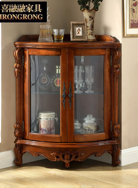 美式全实木角柜客厅三角形圆弧墙角柜欧式餐O边转角玻璃酒柜靠墙