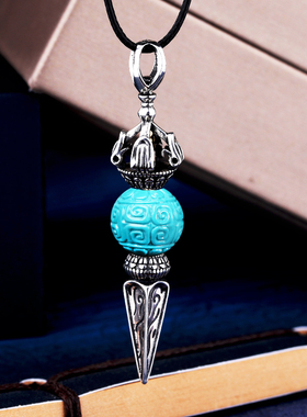 S925b银吊坠空托金刚杵镶嵌绿松石南红蜜蜡桶珠圆珠降魔杵项坠银