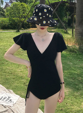 Vanliga韩国ins风小清新x连体泳衣女黑色钢托保守显瘦温泉度假游