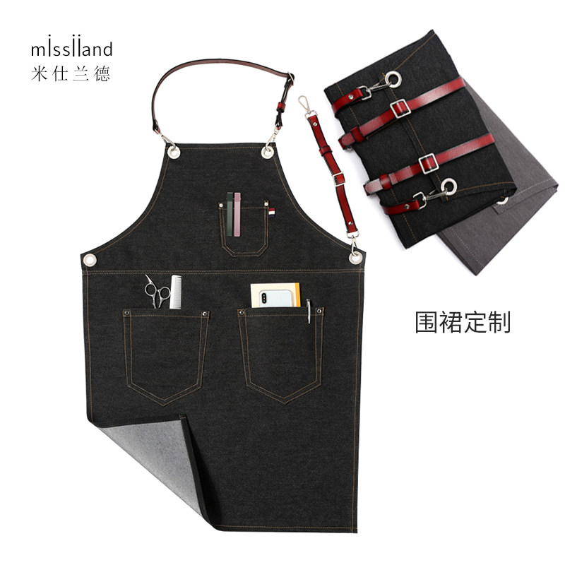 牛仔围裙 家用 厨房定制lovgo工作服男日系韩版时尚咖啡师餐厅画