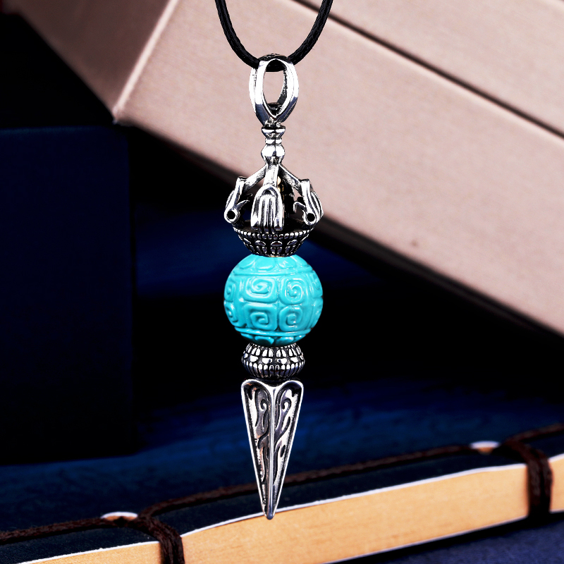 S925银吊坠空托金刚杵镶嵌y绿松石南红蜜蜡桶珠圆珠降魔杵项坠银