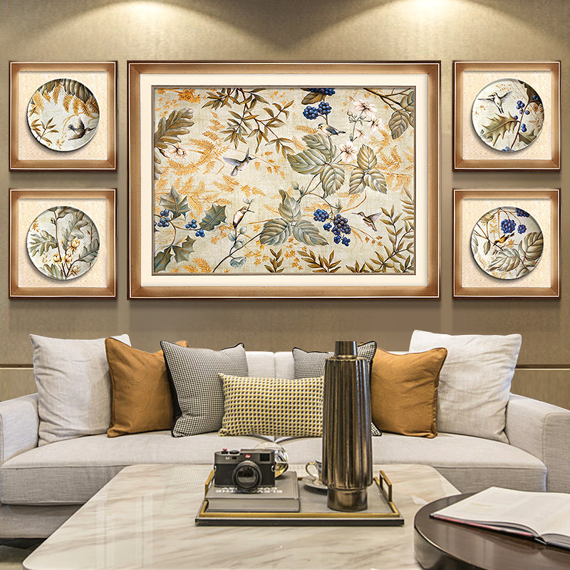 美式乡村沙发背景墙n画现代简美餐厅花鸟壁画玄关挂画客厅装饰画