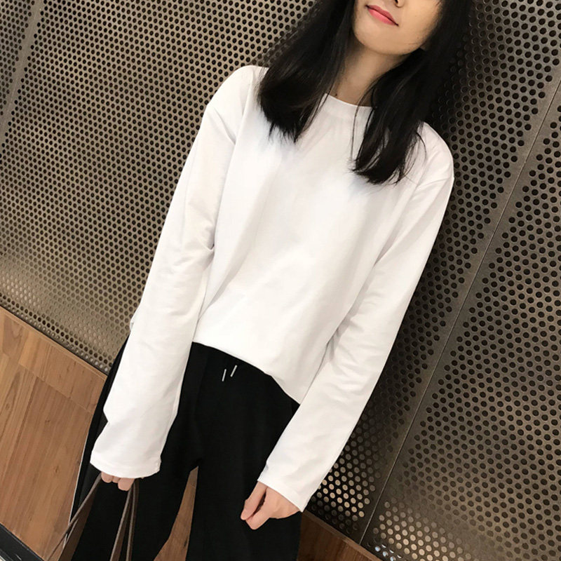 春装新款白色t恤女长袖宽松简约韩版纯色学生圆领上衣纯棉打底衫