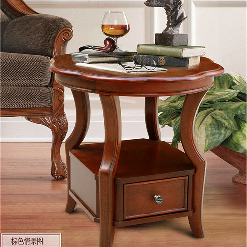 沙发边小茶桌客厅实木角几带抽双层花架小户型边几欧式小圆几