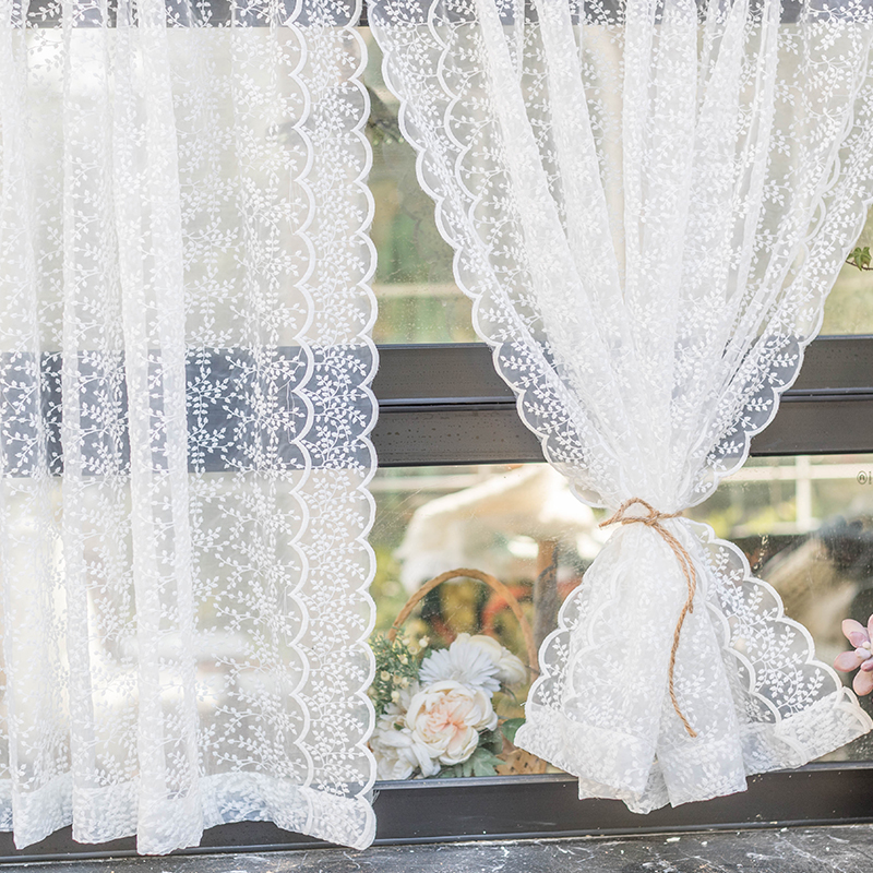 窗帘纱英式乡村成品白色纱帘透光蕾丝隔断半帘韩式波浪边薄纱梦幻