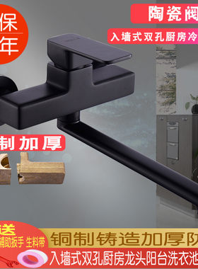 墨林卡入墙式双孔厨房水槽洗菜盆冷热水龙头洗衣池加长黑色铜龙头