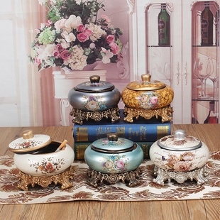 欧式复古陶瓷大号带盖烟灰缸现代简约创意奢华客厅装饰茶几 摆件