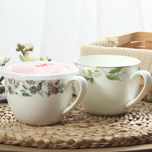 大容量带盖早餐杯燕麦牛奶杯芝麻糊陶瓷可微波送勺大水杯新品骨瓷