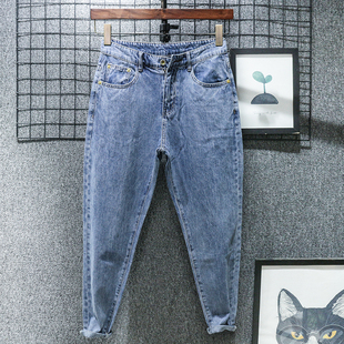 宽松小脚潮流裤 男哈伦微哈老爹裤 子 薄潮牌蓝色九分牛仔裤 微跨夏季