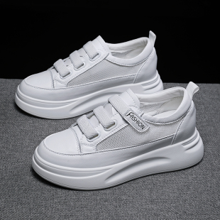 女2021新款 魔术贴松糕5CM厚底女鞋 夏季 透气网面鞋 薄款 真皮小白鞋