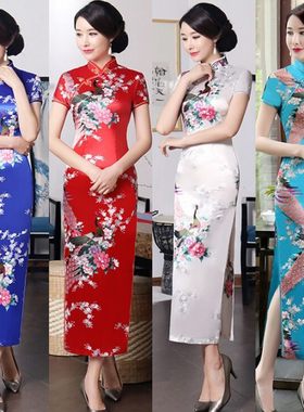 2021新款大码女装加肥加大修身礼仪演出民族敬酒服绸缎旗袍连衣裙