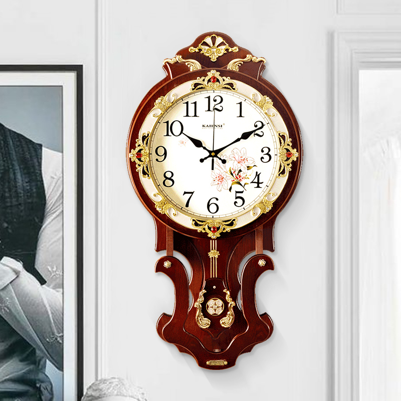 中式时尚挂表实木静音钟表时钟挂钟客H厅欧式田园简约家用创意潮