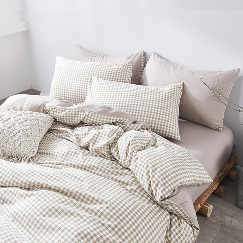 水洗棉四件套 h床单夏季简约小格子现代春秋床上用品 床上三件套