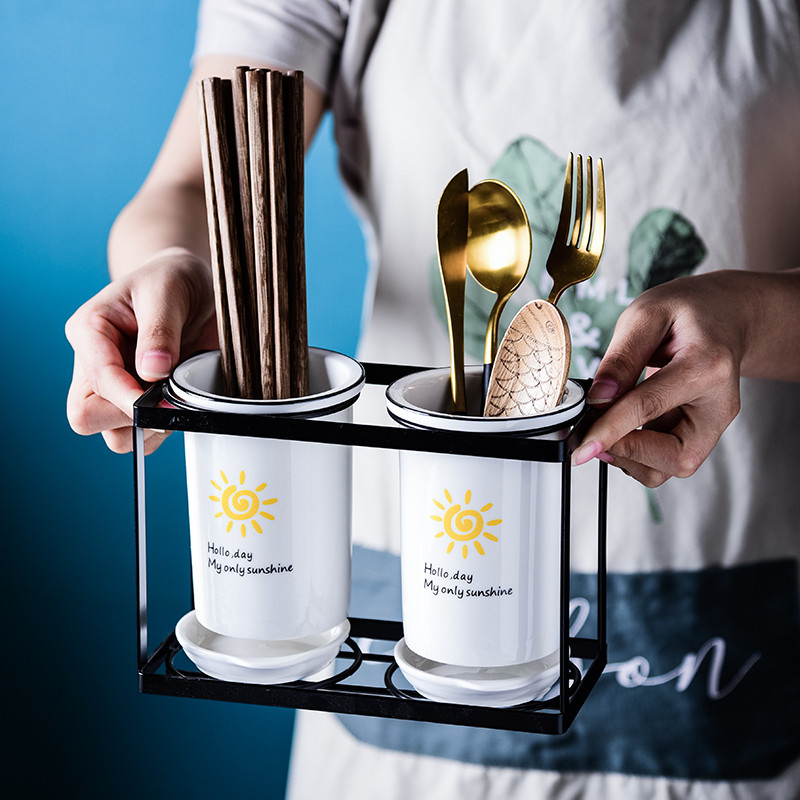 筷篓陶瓷筷子筒h置物架 沥水厨房放勺子的收纳盒桶平放筷子笼家用