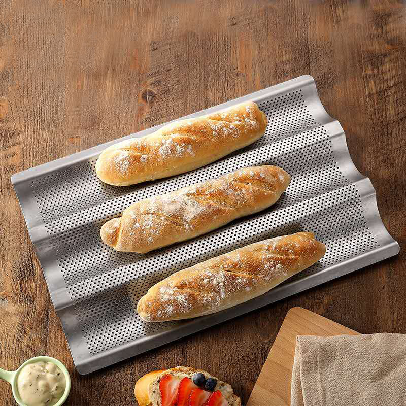 baguette加厚冲孔三槽法棍烤盘3连法式面包架 波浪长条棒模具Cake