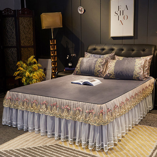 纯色夏季冰丝席凉席三件套床裙款蕾丝花边纱床罩可折叠机洗软席子