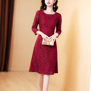 红色蕾丝连衣裙女夏2021早秋新款收腰显瘦气质长袖婚礼宴会礼服裙