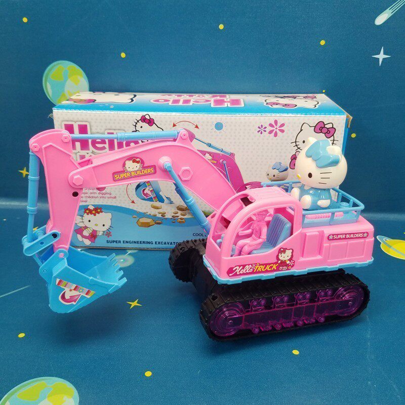 2021新款儿童女孩喜欢粉色凯蒂猫灯光音乐挖土机男电动挖掘机玩具